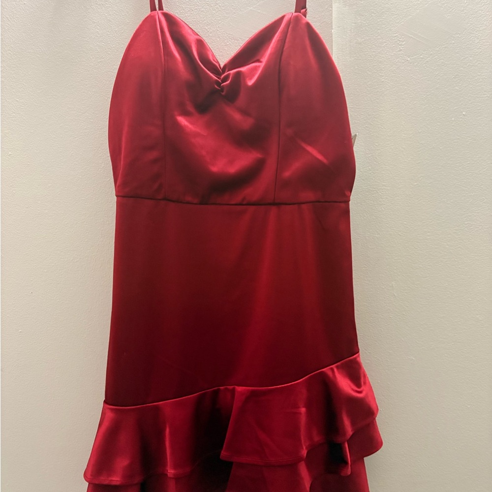 Elegant Red Satin Dress with Ruffle Hem